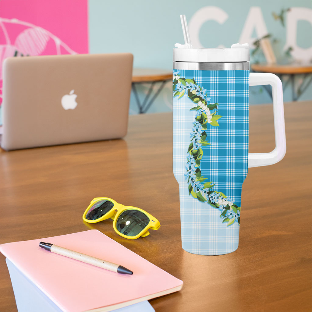 Blue Hawaii Palaka Tumbler With Handle Maile Pikake Honohono Orchid Lei LT05 - Polynesian Pride