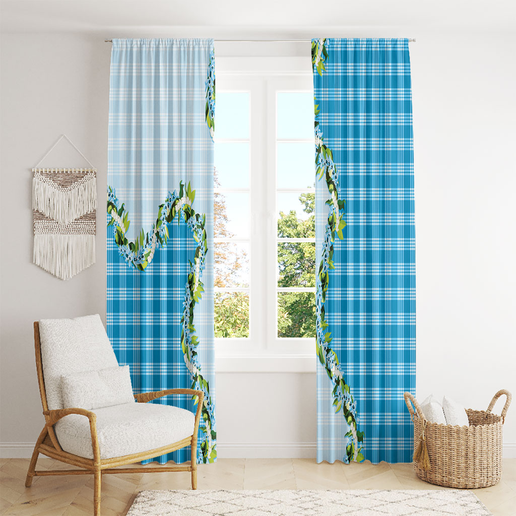 Blue Hawaii Palaka Window Curtain Maile Pikake Honohono Orchid Lei