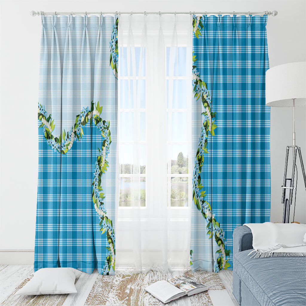 Blue Hawaii Palaka Window Curtain Maile Pikake Honohono Orchid Lei