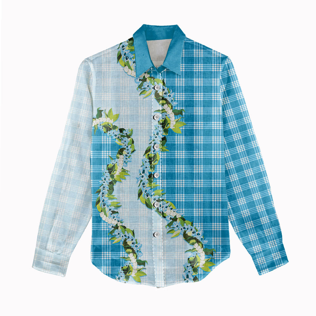 Blue Hawaii Palaka Women Casual Shirt Maile Pikake Honohono Orchid Lei