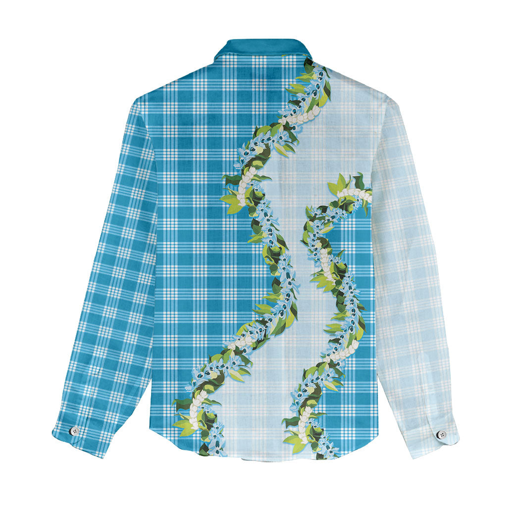 Blue Hawaii Palaka Women Casual Shirt Maile Pikake Honohono Orchid Lei
