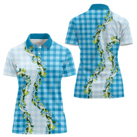Blue Hawaii Palaka Women Polo Shirt Maile Pikake Honohono Orchid Lei