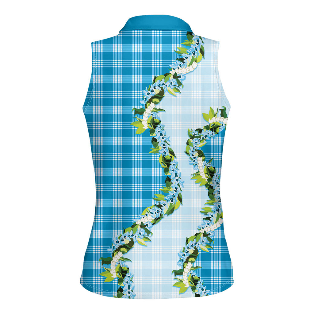 Blue Hawaii Palaka Women Sleeveless Polo Shirt Maile Pikake Honohono Orchid Lei