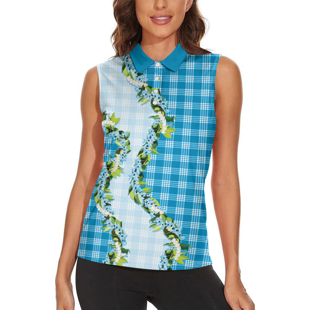 Blue Hawaii Palaka Women Sleeveless Polo Shirt Maile Pikake Honohono Orchid Lei