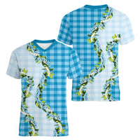 Blue Hawaii Palaka Women V-Neck T-Shirt Maile Pikake Honohono Orchid Lei