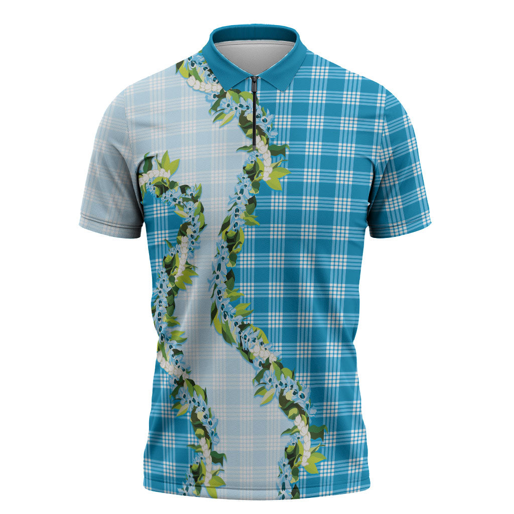 Blue Hawaii Palaka Zipper Polo Shirt Maile Pikake Honohono Orchid Lei