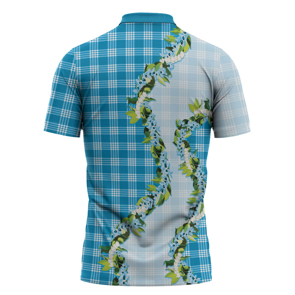 Blue Hawaii Palaka Zipper Polo Shirt Maile Pikake Honohono Orchid Lei