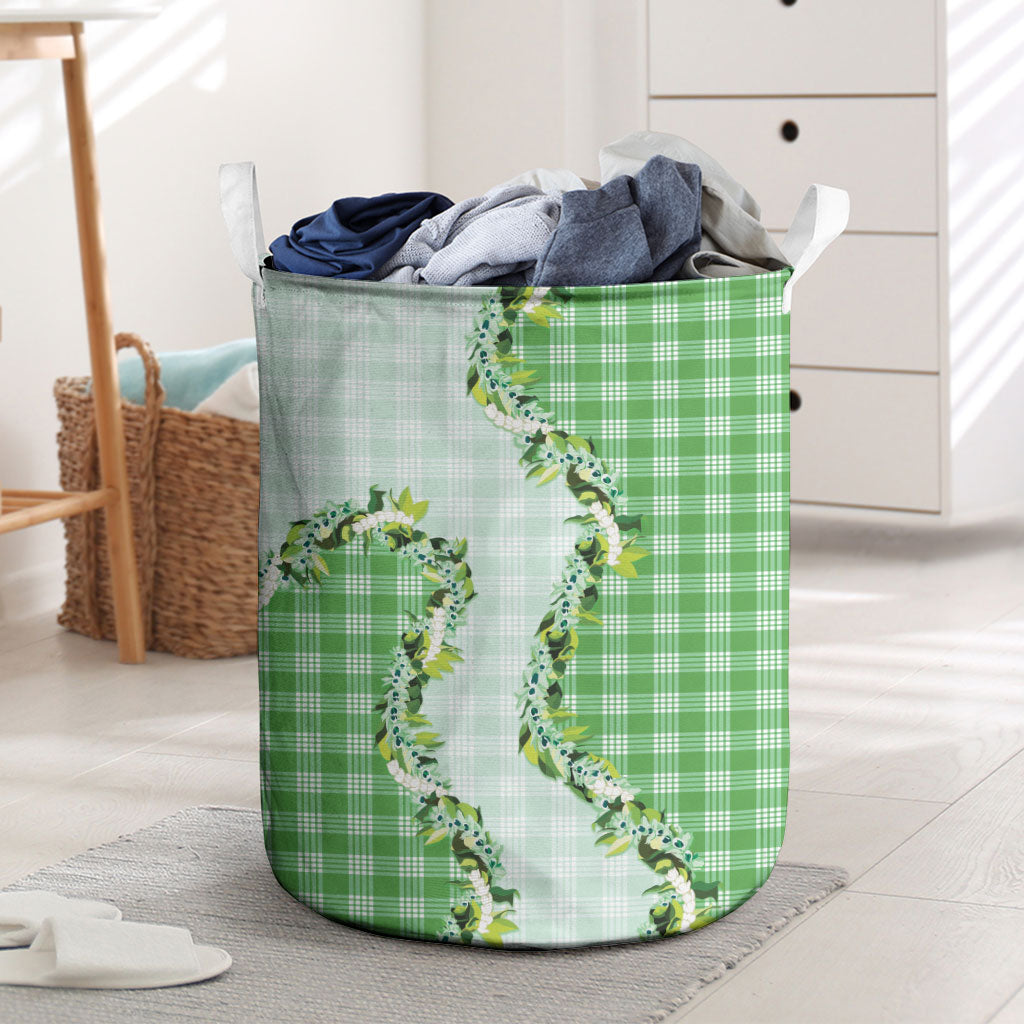 Green Hawaii Palaka Laundry Basket Maile Pikake Honohono Orchid Lei LT05 Green - Polynesian Pride