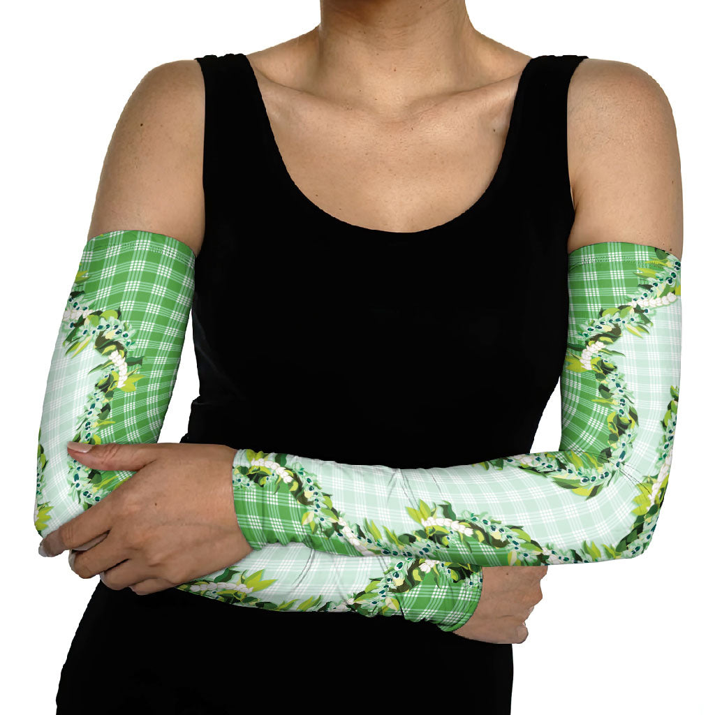 Green Hawaii Palaka Arm Sleeves Maile Pikake Honohono Orchid Lei LT05 - Polynesian Pride
