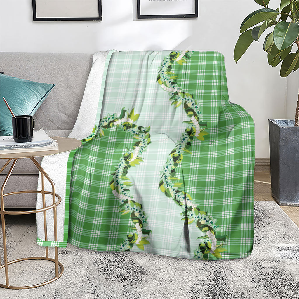 Green Hawaii Palaka Blanket Maile Pikake Honohono Orchid Lei
