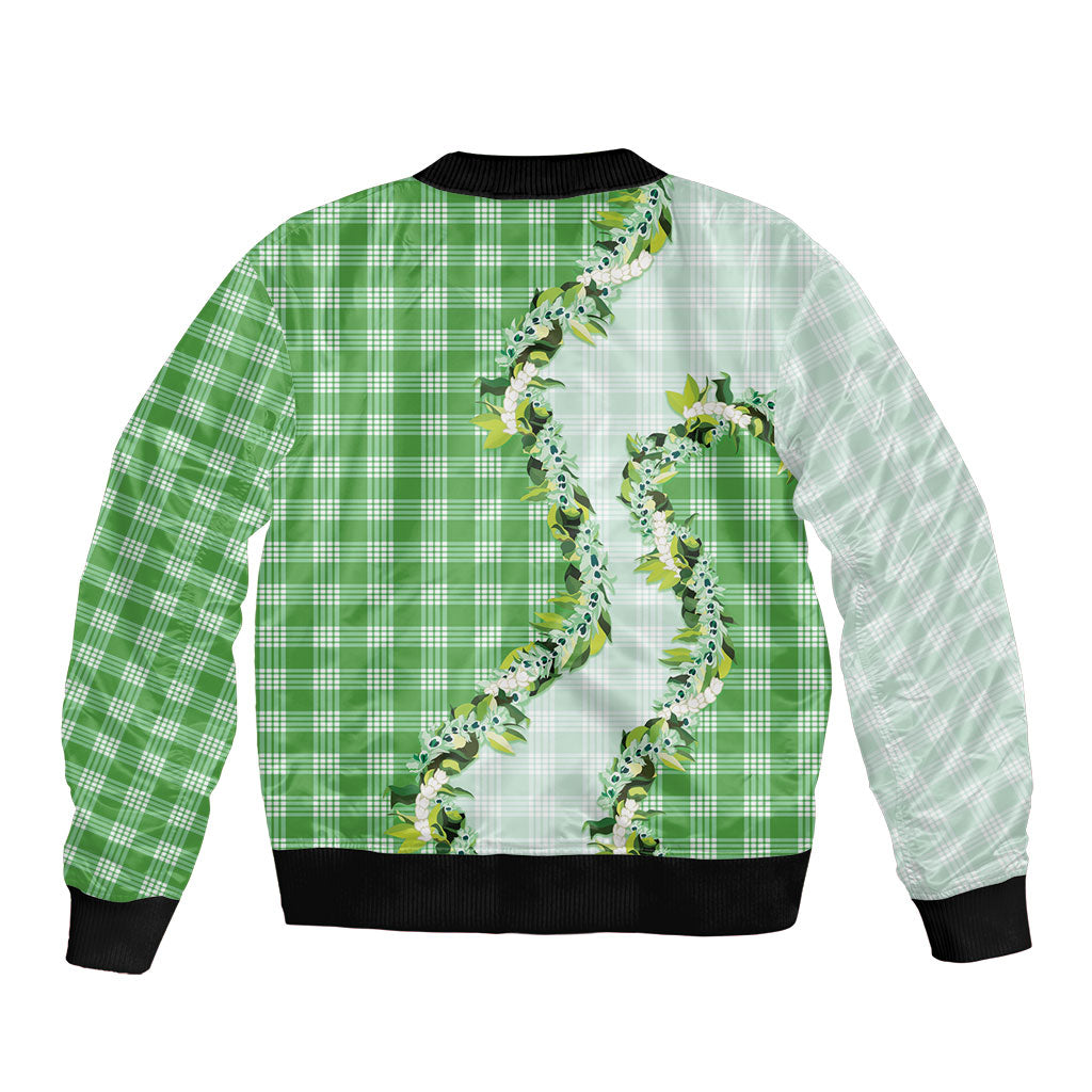 Green Hawaii Palaka Bomber Jacket Maile Pikake Honohono Orchid Lei