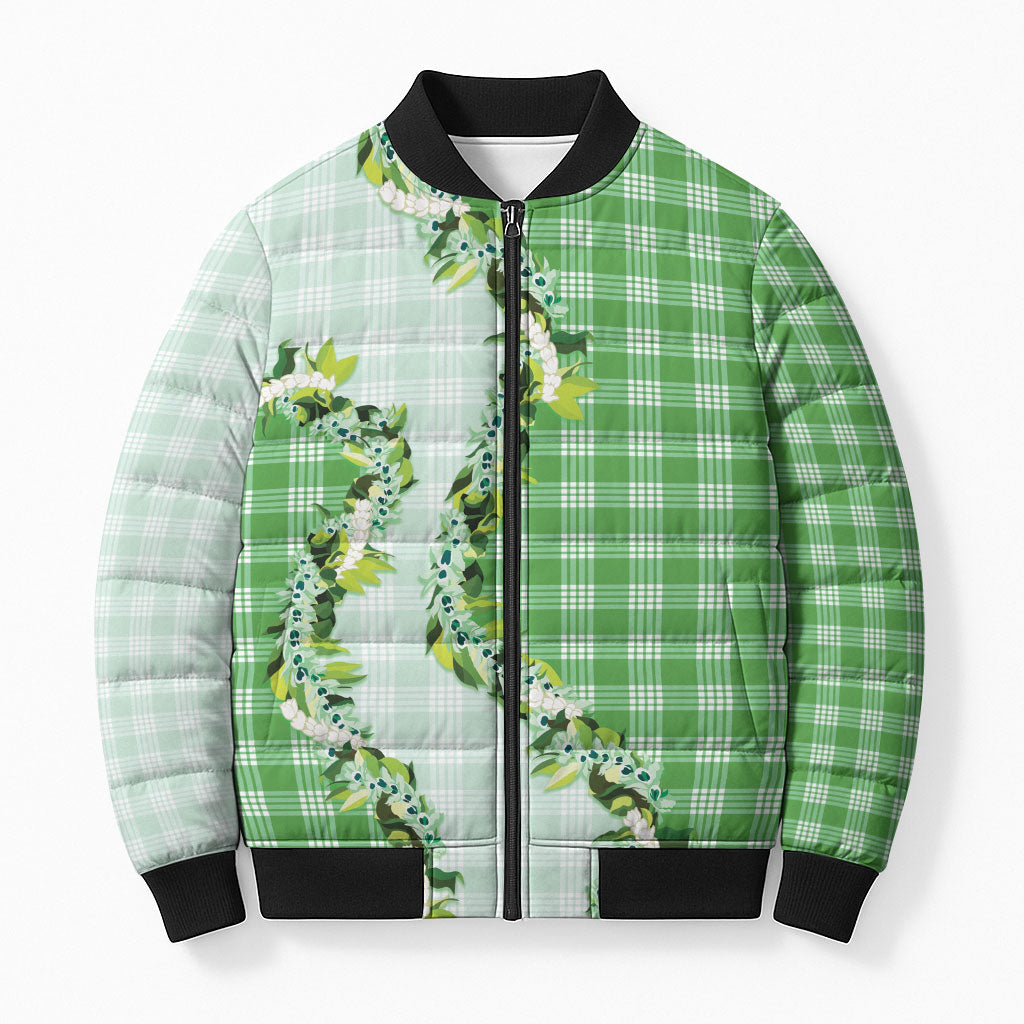 Green Hawaii Palaka Bomber Puffer Jacket Maile Pikake Honohono Orchid Lei LT05 Unisex Green - Polynesian Pride