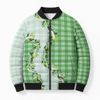 Green Hawaii Palaka Bomber Puffer Jacket Maile Pikake Honohono Orchid Lei