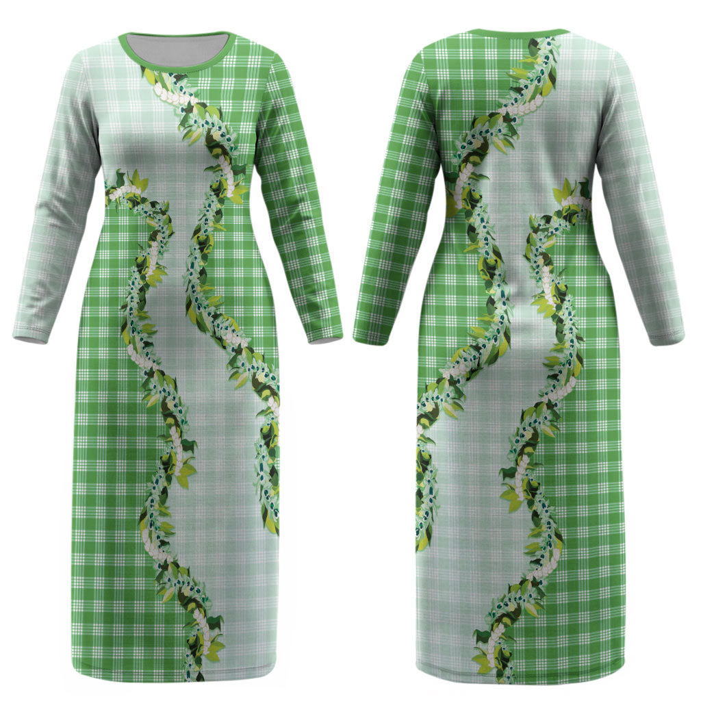 Green Hawaii Palaka Couples Matching Long Sleeve Bodycon Dress and Long Sleeve Button Shirt Maile Pikake Honohono Orchid Lei LT05