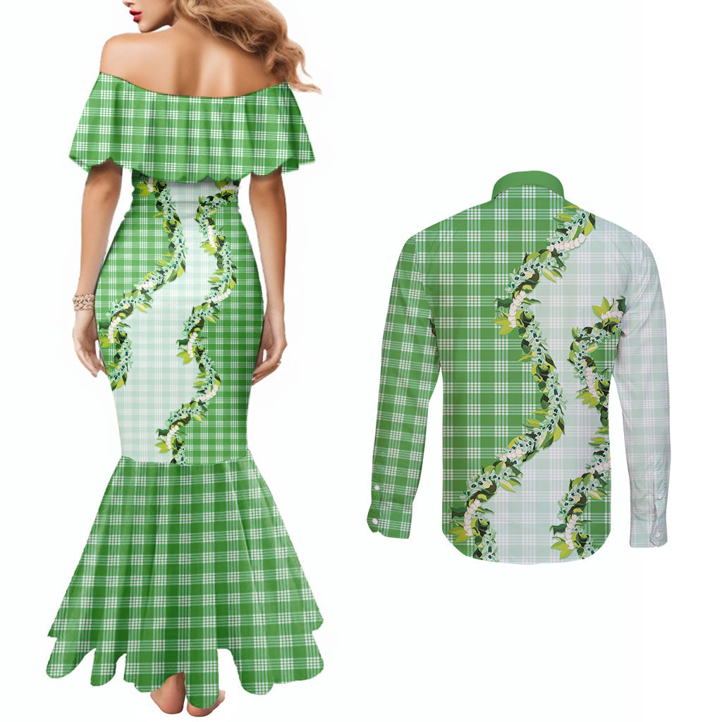 Green Hawaii Palaka Couples Matching Mermaid Dress and Long Sleeve Button Shirt Maile Pikake Honohono Orchid Lei