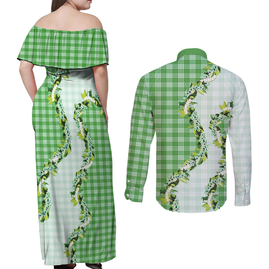 Green Hawaii Palaka Couples Matching Off Shoulder Maxi Dress and Long Sleeve Button Shirt Maile Pikake Honohono Orchid Lei