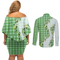 Green Hawaii Palaka Couples Matching Off Shoulder Short Dress and Long Sleeve Button Shirt Maile Pikake Honohono Orchid Lei