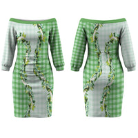 Green Hawaii Palaka Couples Matching Off The Shoulder Long Sleeve Dress and Hawaiian Shirt Maile Pikake Honohono Orchid Lei LT05 - Polynesian Pride