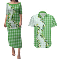 Green Hawaii Palaka Couples Matching Puletasi and Hawaiian Shirt Maile Pikake Honohono Orchid Lei