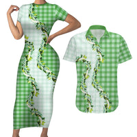 Green Hawaii Palaka Couples Matching Short Sleeve Bodycon Dress and Hawaiian Shirt Maile Pikake Honohono Orchid Lei