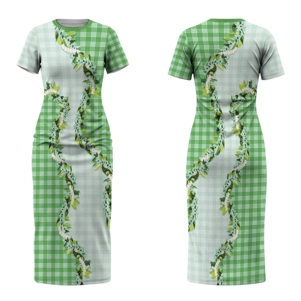Green Hawaii Palaka Couples Matching Short Sleeve Bodycon Dress and Hawaiian Shirt Maile Pikake Honohono Orchid Lei LT05 - Polynesian Pride