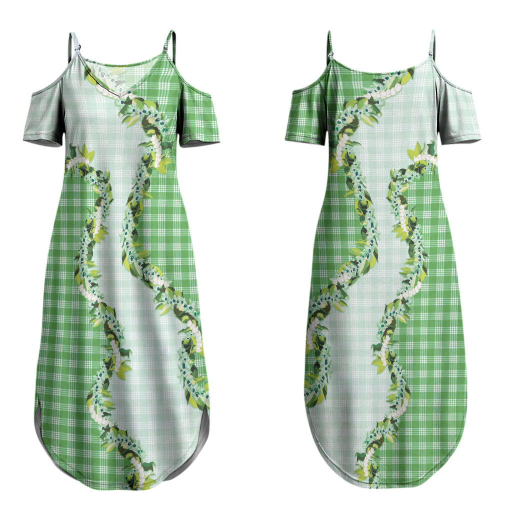Green Hawaii Palaka Couples Matching Summer Maxi Dress and Hawaiian Shirt Maile Pikake Honohono Orchid Lei LT05 - Polynesian Pride