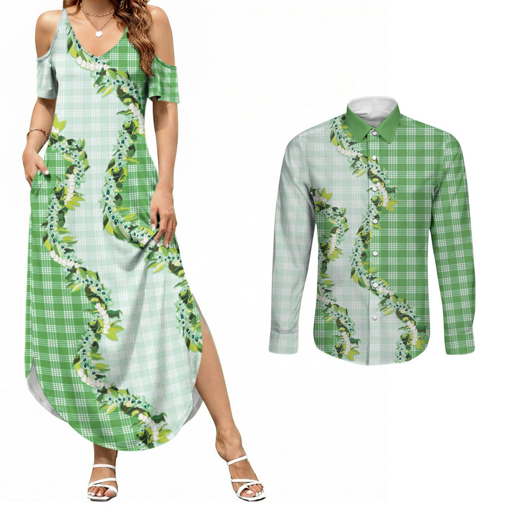 Green Hawaii Palaka Couples Matching Summer Maxi Dress and Long Sleeve Button Shirt Maile Pikake Honohono Orchid Lei LT05 Green - Polynesian Pride