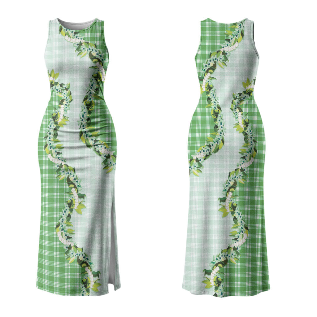 Green Hawaii Palaka Couples Matching Tank Maxi Dress and Hawaiian Shirt Maile Pikake Honohono Orchid Lei LT05 - Polynesian Pride