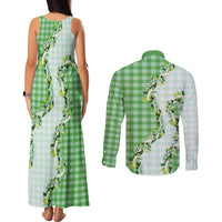 Green Hawaii Palaka Couples Matching Tank Maxi Dress and Long Sleeve Button Shirt Maile Pikake Honohono Orchid Lei