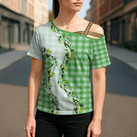 Green Hawaii Palaka Cross Shoulder Shirt Maile Pikake Honohono Orchid Lei