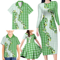 Green Hawaii Palaka Family Matching Long Sleeve Bodycon Dress and Hawaiian Shirt Maile Pikake Honohono Orchid Lei