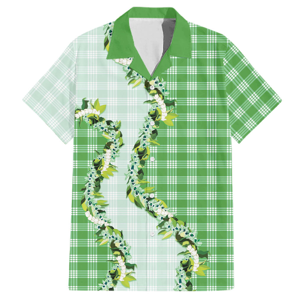 Green Hawaii Palaka Family Matching Long Sleeve Bodycon Dress and Hawaiian Shirt Maile Pikake Honohono Orchid Lei