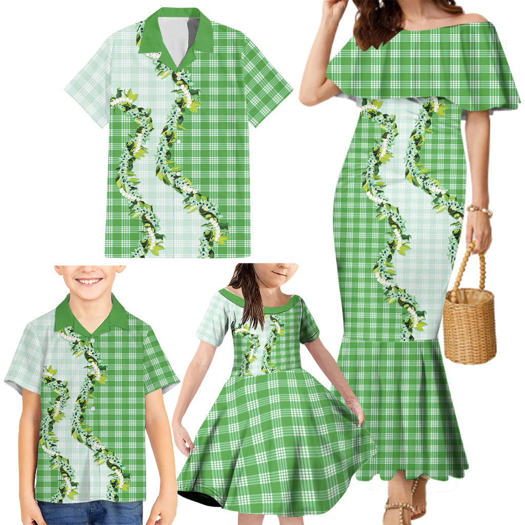 Green Hawaii Palaka Family Matching Mermaid Dress and Hawaiian Shirt Maile Pikake Honohono Orchid Lei LT05 - Polynesian Pride