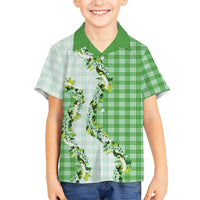Green Hawaii Palaka Family Matching Off Shoulder Maxi Dress and Hawaiian Shirt Maile Pikake Honohono Orchid Lei