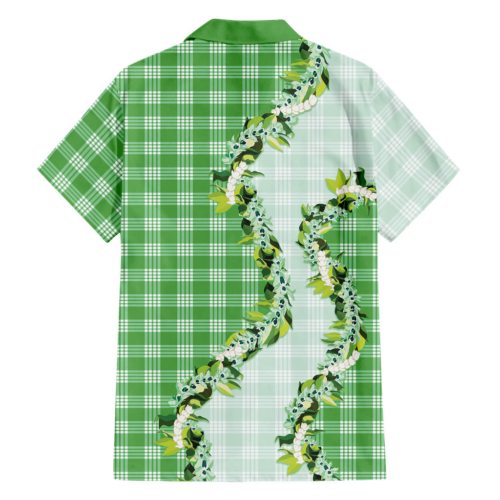 Green Hawaii Palaka Family Matching Off Shoulder Short Dress and Hawaiian Shirt Maile Pikake Honohono Orchid Lei