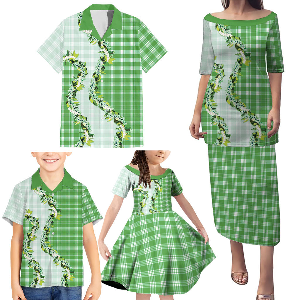 Green Hawaii Palaka Family Matching Puletasi and Hawaiian Shirt Maile Pikake Honohono Orchid Lei LT05 - Polynesian Pride