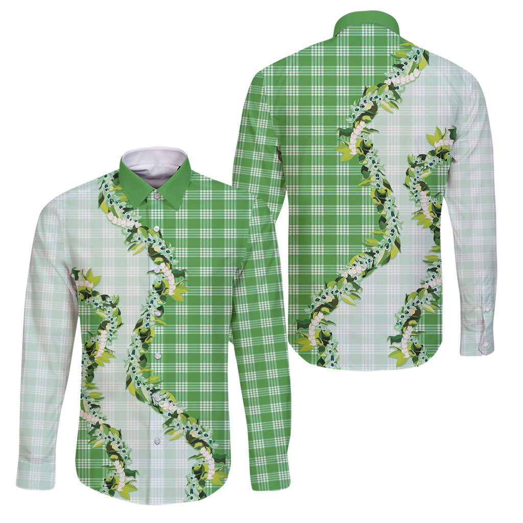 Green Hawaii Palaka Family Matching Puletasi and Hawaiian Shirt Maile Pikake Honohono Orchid Lei LT05 Dad's Shirt - Long Sleeve Green - Polynesian Pride