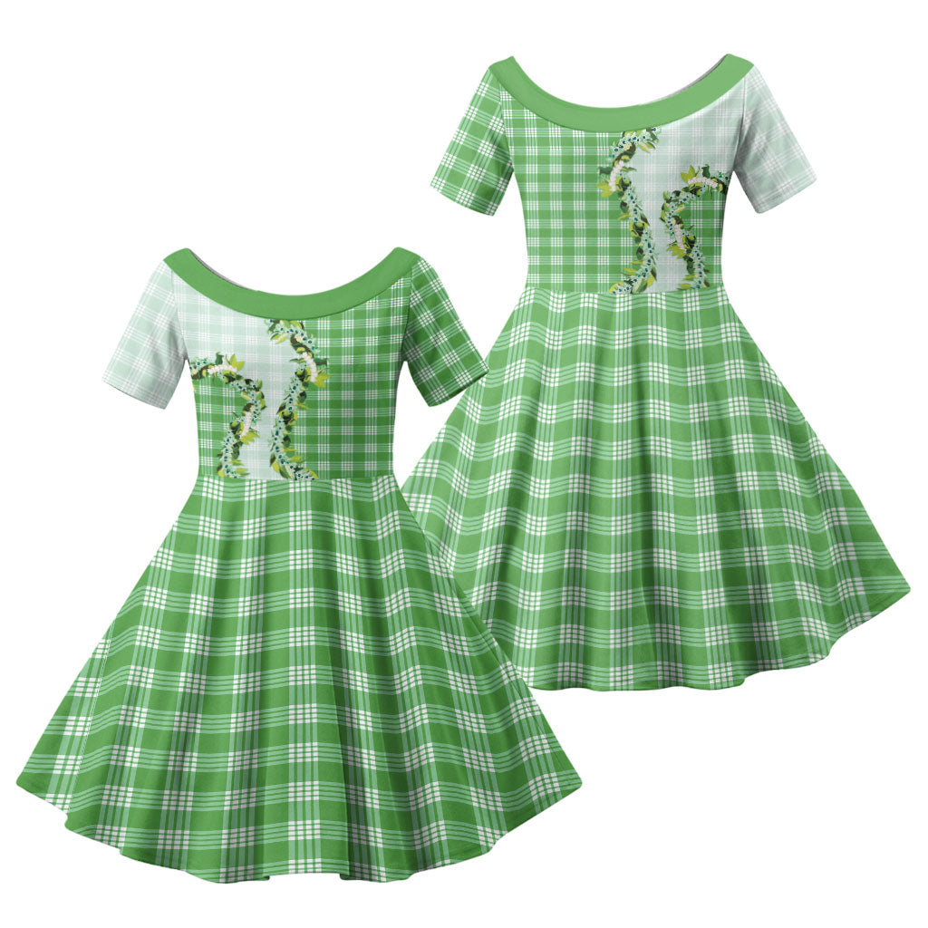 Green Hawaii Palaka Family Matching Puletasi and Hawaiian Shirt Maile Pikake Honohono Orchid Lei LT05 Daughter's Dress Green - Polynesian Pride
