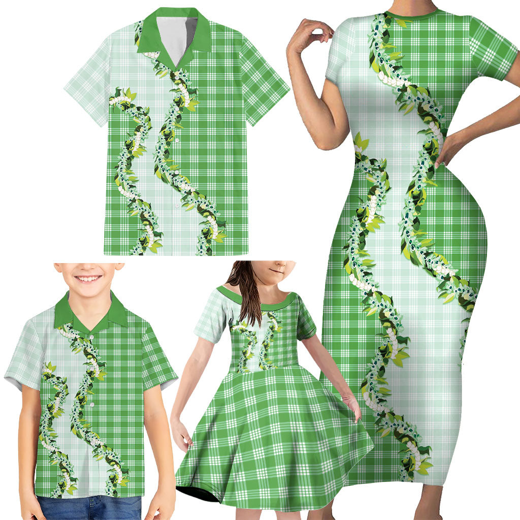 Green Hawaii Palaka Family Matching Short Sleeve Bodycon Dress and Hawaiian Shirt Maile Pikake Honohono Orchid Lei