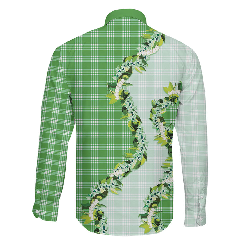 Green Hawaii Palaka Family Matching Short Sleeve Bodycon Dress and Hawaiian Shirt Maile Pikake Honohono Orchid Lei