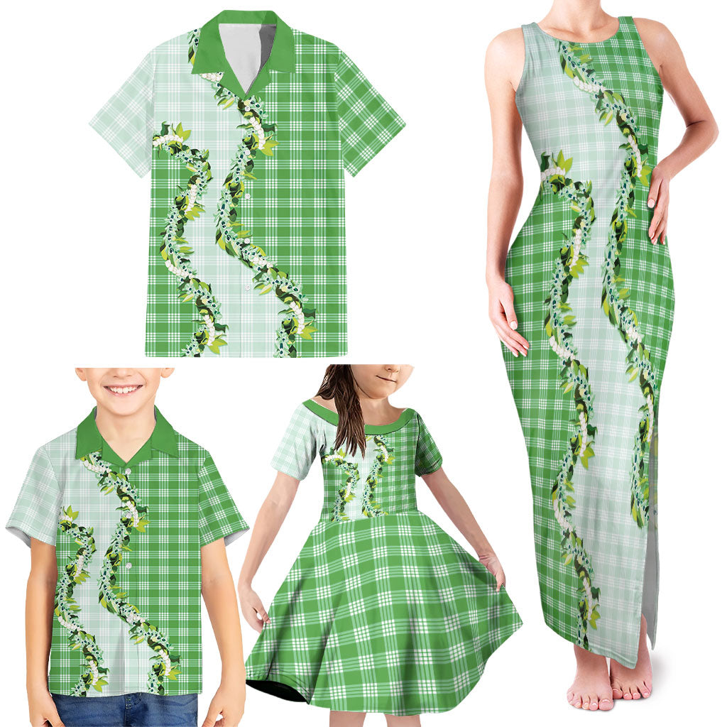 Green Hawaii Palaka Family Matching Tank Maxi Dress and Hawaiian Shirt Maile Pikake Honohono Orchid Lei LT05 - Polynesian Pride
