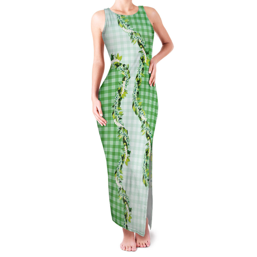 Green Hawaii Palaka Family Matching Tank Maxi Dress and Hawaiian Shirt Maile Pikake Honohono Orchid Lei