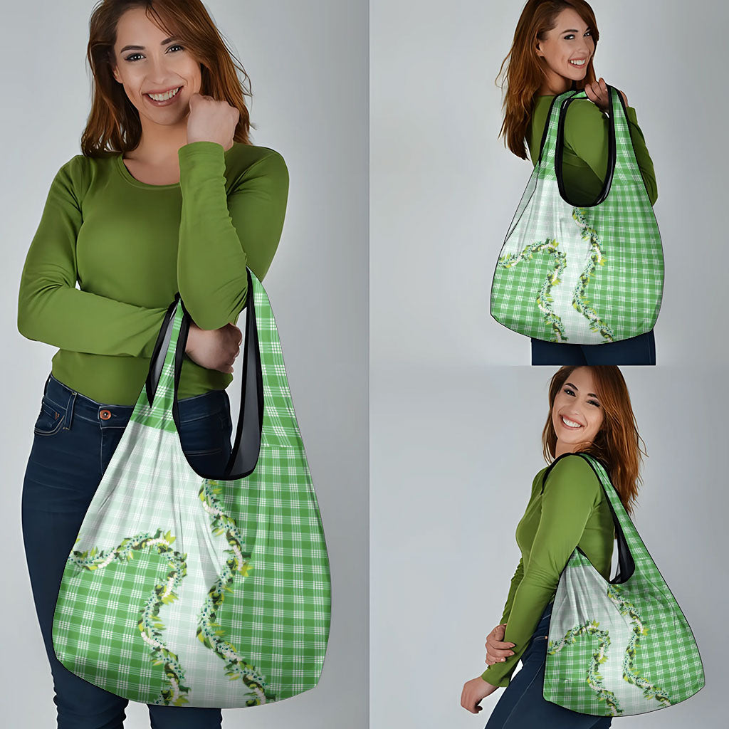 Green Hawaii Palaka Grocery Bag Maile Pikake Honohono Orchid Lei LT05 - Polynesian Pride