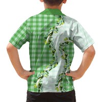 Green Hawaii Palaka Kid Hawaiian Shirt Maile Pikake Honohono Orchid Lei