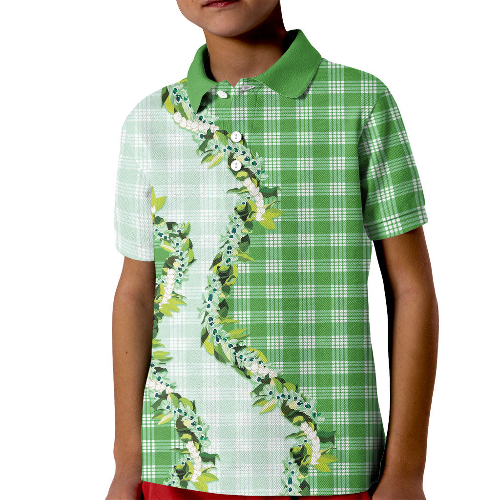 Green Hawaii Palaka Kid Polo Shirt Maile Pikake Honohono Orchid Lei