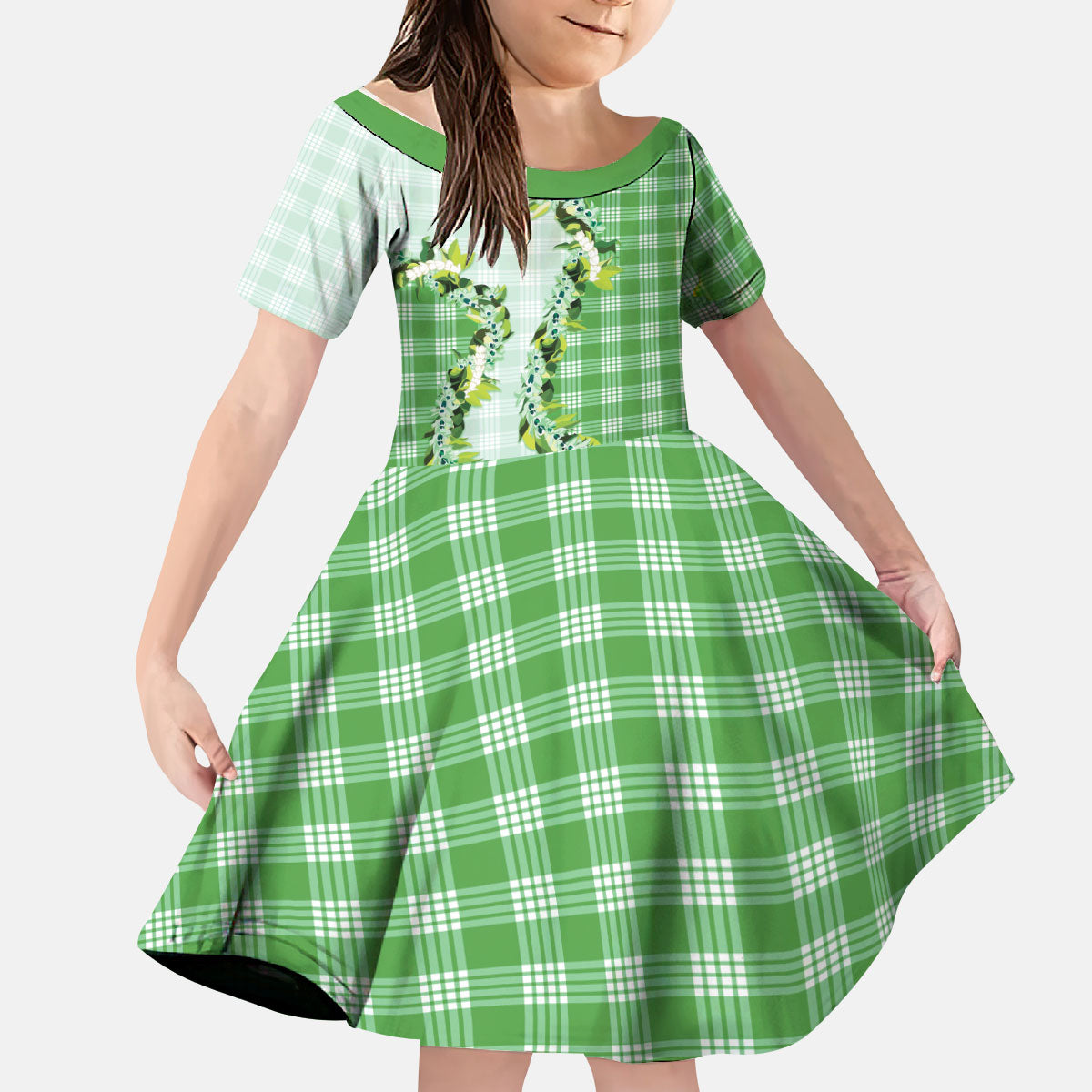 Green Hawaii Palaka Kid Short Sleeve Dress Maile Pikake Honohono Orchid Lei