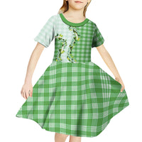 Green Hawaii Palaka Kid Short Sleeve Dress Maile Pikake Honohono Orchid Lei