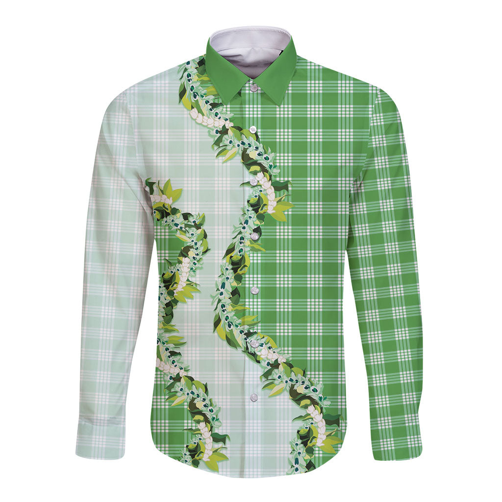 Green Hawaii Palaka Long Sleeve Button Shirt Maile Pikake Honohono Orchid Lei LT05 Unisex Green - Polynesian Pride