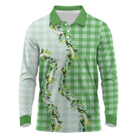 Green Hawaii Palaka Long Sleeve Polo Shirt Maile Pikake Honohono Orchid Lei
