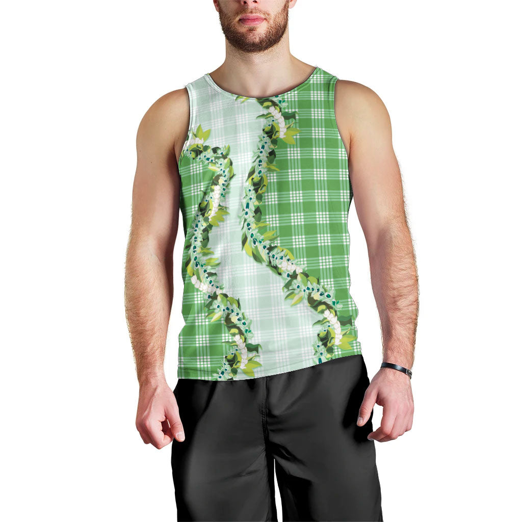 Green Hawaii Palaka Men Tank Top Maile Pikake Honohono Orchid Lei LT05 - Polynesian Pride